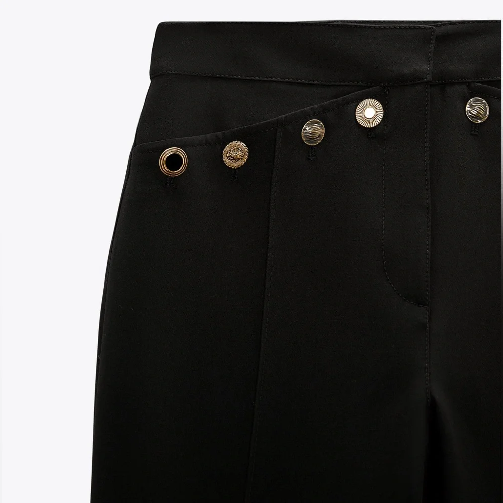 Zara Black Gold Button Detail Flared Pants - Picture 5 of 9